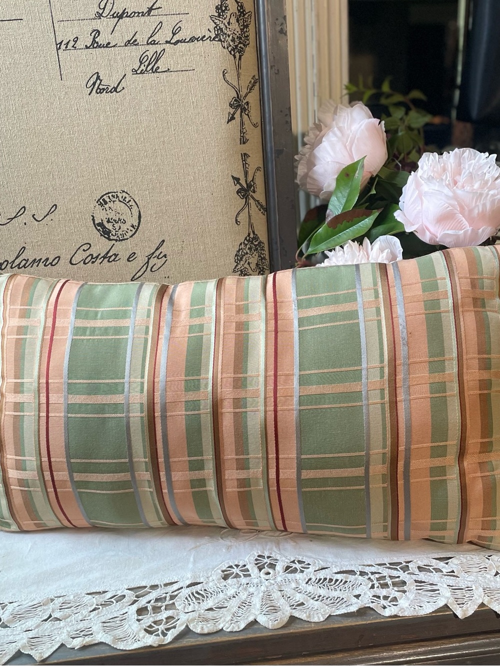 silk plaid throw pillow green cranberry pink gingham decorative tassels